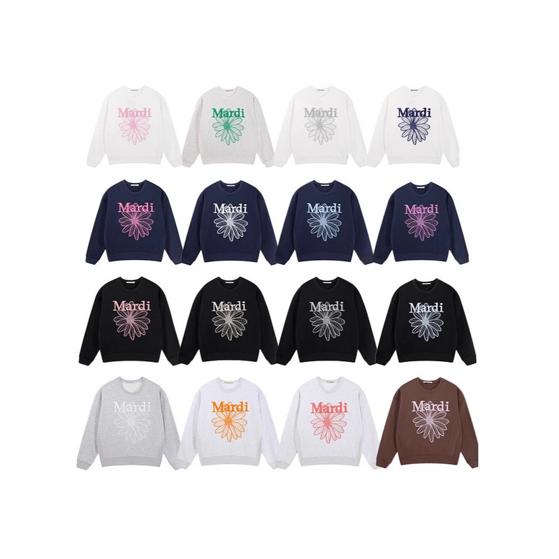 In-Stock Korean-Style Mardi Sweatshirt for Women with Daisy Gold and Silver Embroidery Lettering, Crew Neck Top with Embroidery