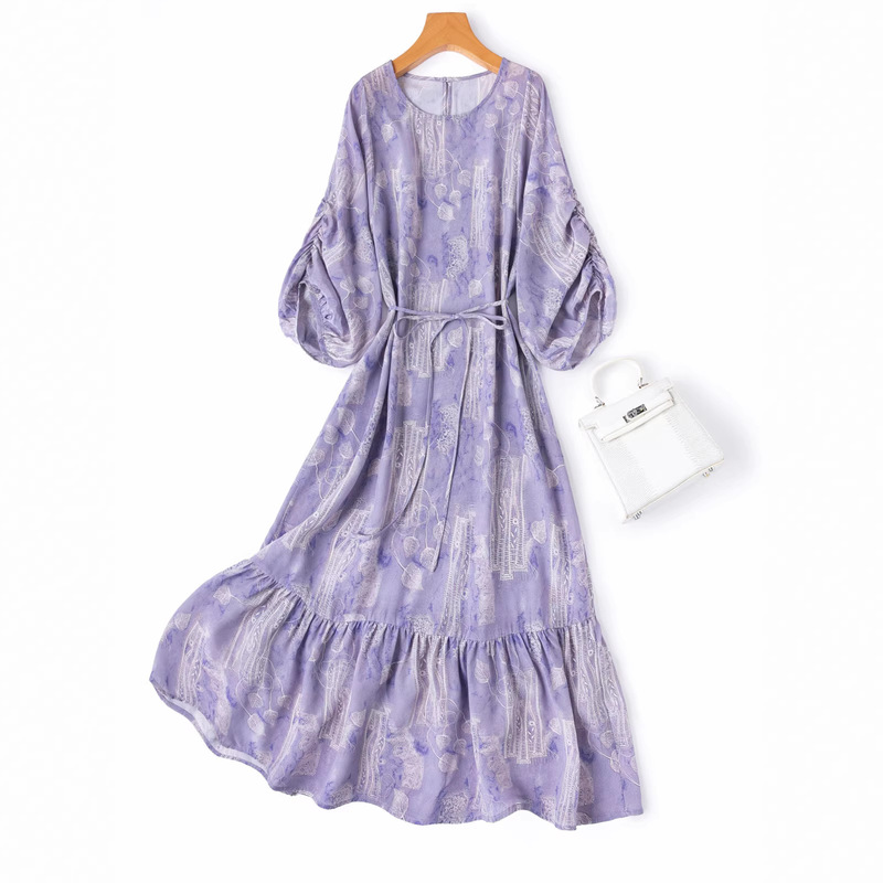Soft Twilight Purple Dyeing! Romantic and Gentle Mermaid-Style Mulberry Silk Dress with Lantern Sleeves and Ruffled Hem