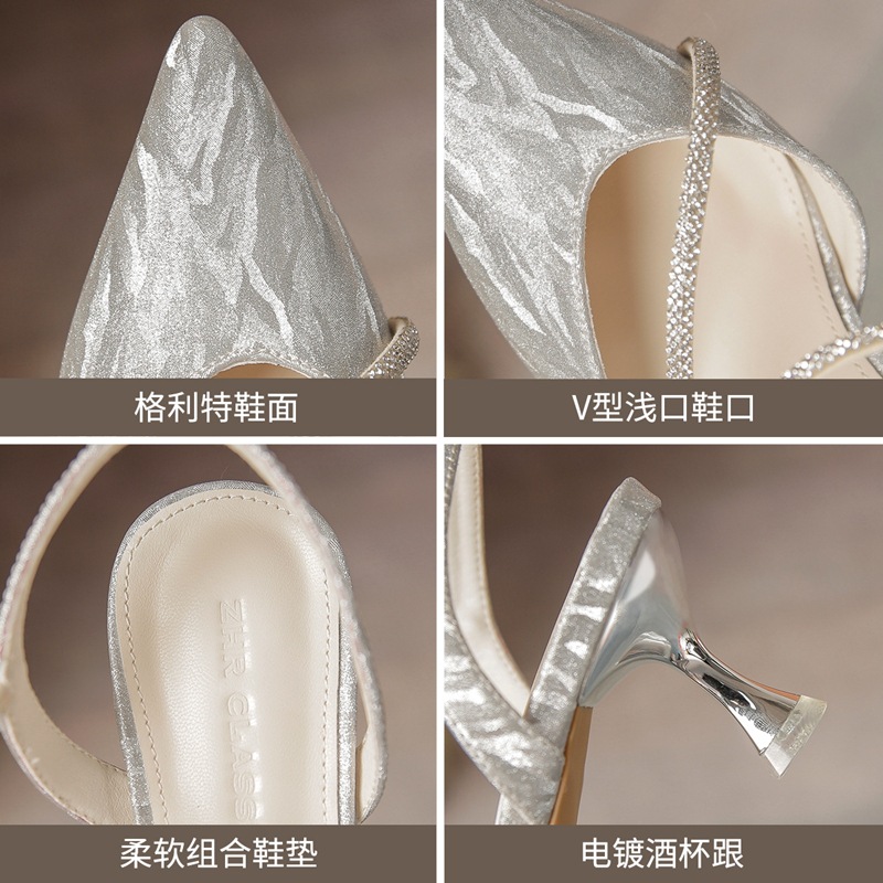 Sandal cao gót nữ mũi nhọn bít mũi đính đá phong cách Pháp — Y781 màu bạc