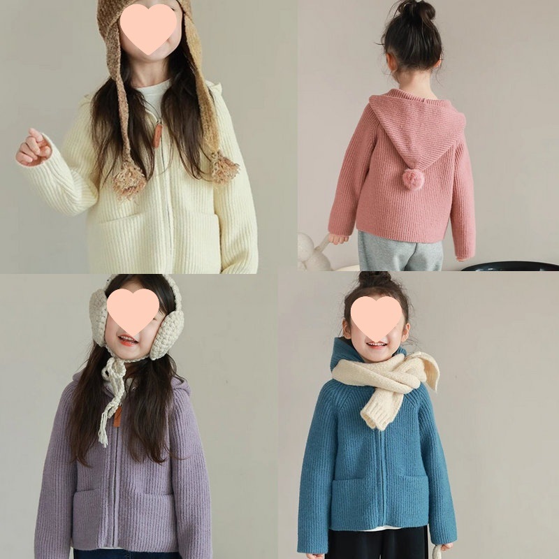 女童毛衣甜美连帽球球开衫上衣2026秋冬新款外贸童装代发