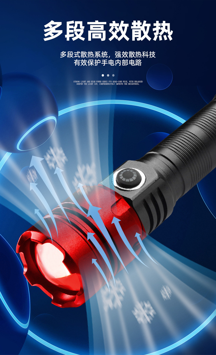 Portable Strong Light Flashlight for Outdoor Camping, Five-Level Adjustable Zoomable USB Flashlight, Aluminum Alloy Strong Light Flashlight
