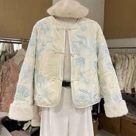 2024冬季新款中式棉衣重工亮片刺绣国风棉服袖口保暖拼接外套