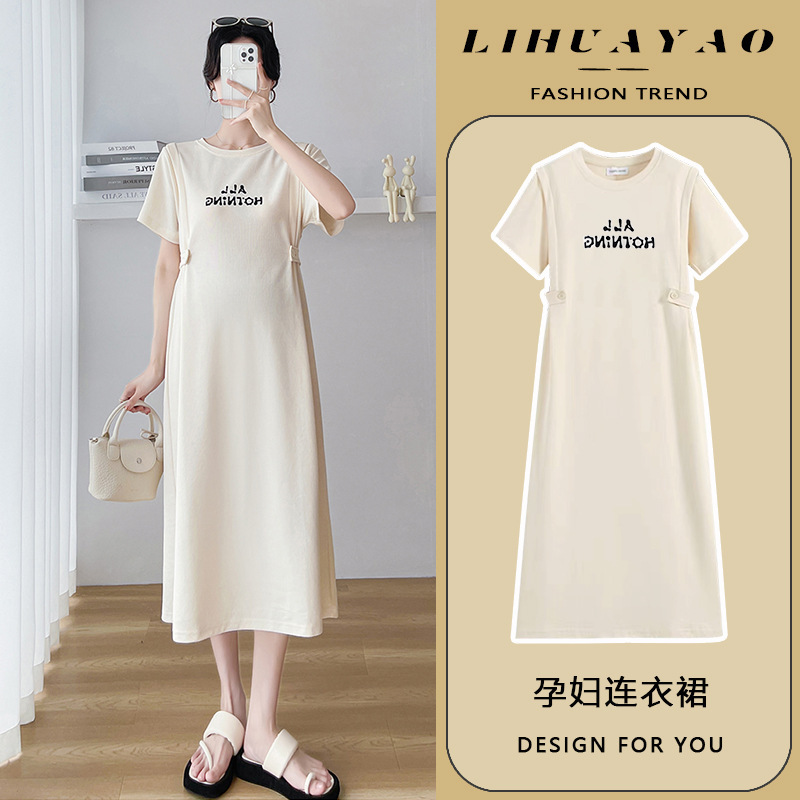 Pregnant Women's dress Outer Wear Adjustable Summer Short Sleeve Thin apricot Letter Slim Belly Covering Fashionable Hot Mom Mid-length