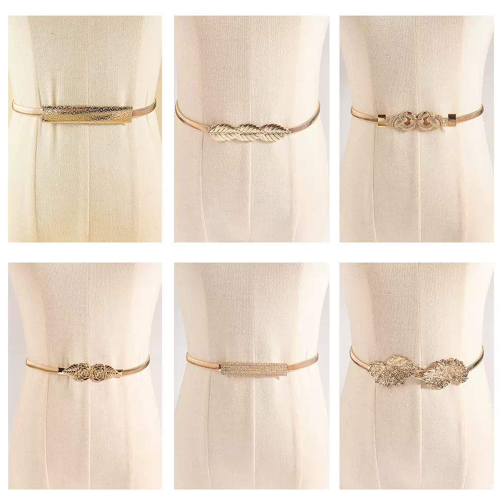 弹簧腰链新款金属松紧腰带几何水钻树叶细款女士装饰连衣裙礼服