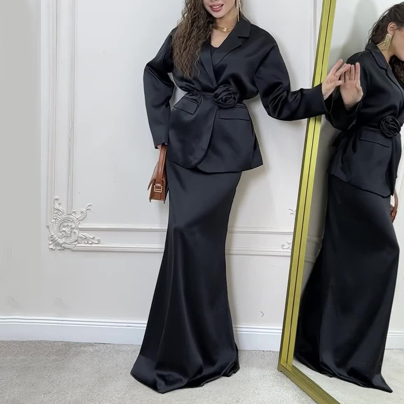 Îmbrăcăminte pentru femei toamna și iarna nouă pentru femei elegantă, culoare solidă, costum din satin, cu talie, fustă, costum din două piese_voghion.com