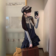 少女心事 秋装新款日系古早vintage设计蝴蝶结上衣格纹连衣裙套装