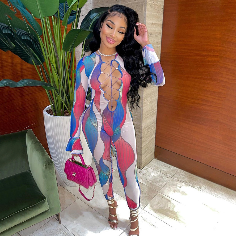 Autumn Sexy Mesh See through Tied Long Sleeves Jumpsuit