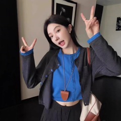 撞色假两件针织衫女秋季慵懒风毛衣软糯开衫复古长袖短款上衣外套