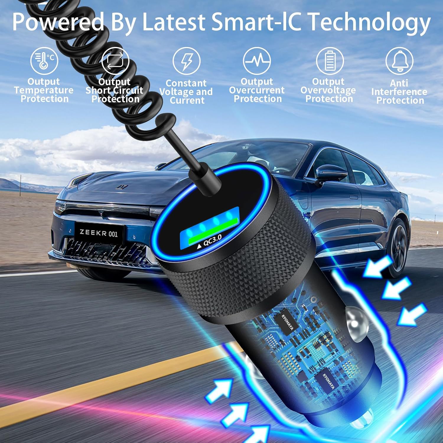 Car Charger Dual Fast Charging Metal Material Super Qc3.0 Spring Cable Suitable for Apple Flash Charging