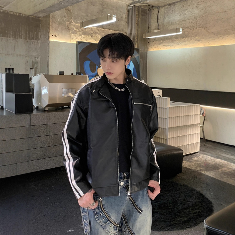 美式复古条纹廓形美拉德皮衣外套男春秋季设计感高级感正肩PU夹克|undefined