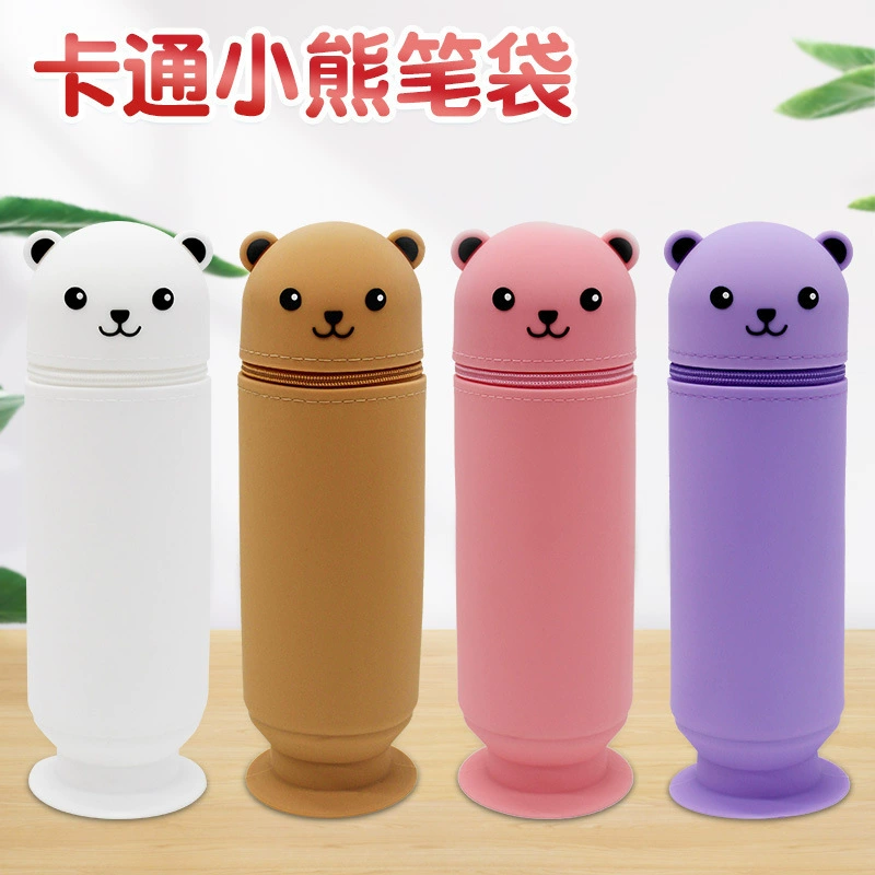 Силиконовый держатель для ручек с мультяшным медведем, Новый Выдвижной всасывающий тип большой емкости, круглый милый детский студенческий пенал