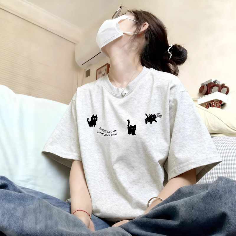 Cat-Themed White and Gray Pure Cotton Short-Sleeve T-Shirt for Women, 2026 New Popular Summer High-End Chic Unique Top Trendy