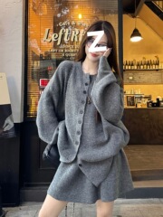 感慵懒风穿搭针织套装女秋冬新款显瘦半身短裙毛衣开衫两件套