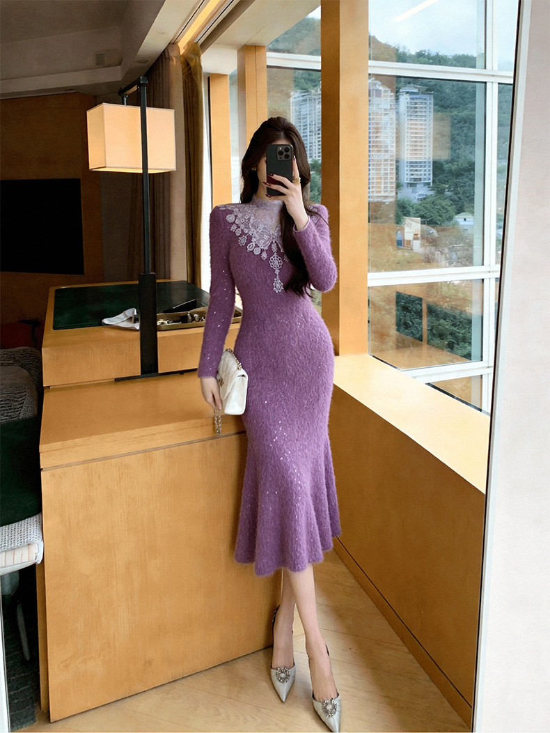 Đầm ôm body nữ cổ tròn ren chắp vá eo thon dáng dài — màu tím chi tiết 7