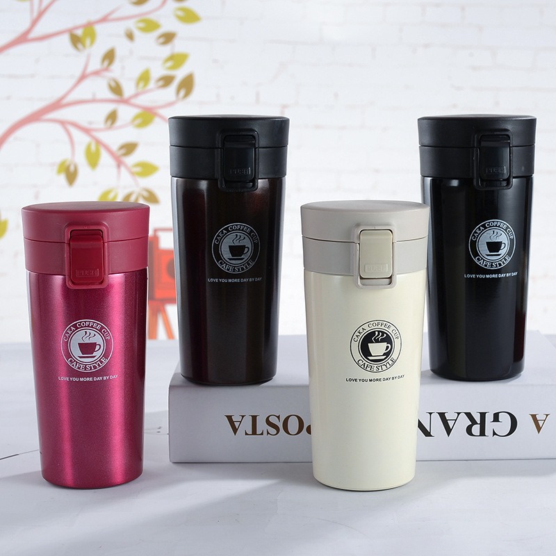 Taza de café de acero inoxidable de diseño transfronterizo con alto atractivo estético para hombres y mujeres, taza térmica portátil para coche con tapa abatible, ideal para regalar.