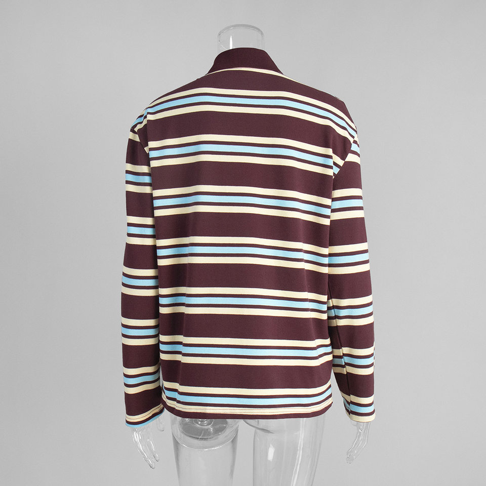 Áo thun nữ sọc dài tay cổ polo dáng rộng phong cách retro — hồng, màu nâu, nâu sẫm, quần kaki chi tiết 14