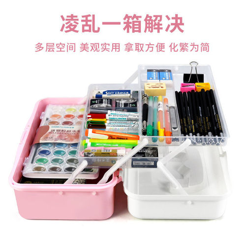 Art toolbox with thick large three-layer storage box foldable art student toolbox paint brush calligraphy storage