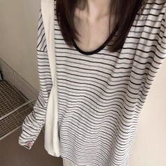 韩版撞色条纹防晒罩衫长袖T恤女初秋新款宽松显瘦外穿百搭上衣ins