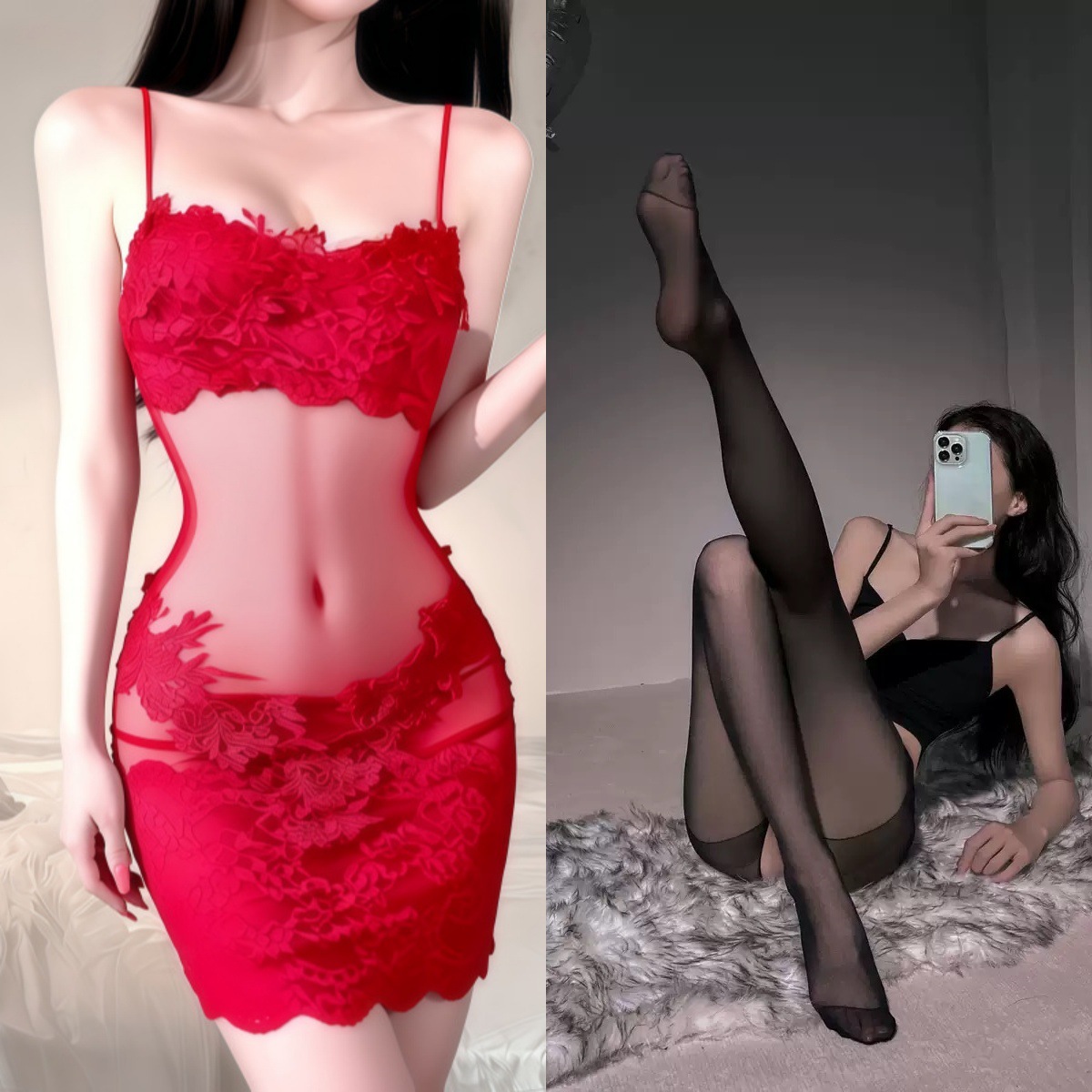 빨간색 + 검정색 오픈 크로치 스타킹