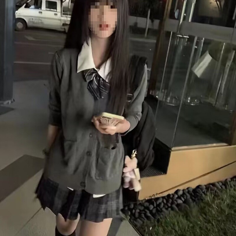 Jk Uniform Preppy Suit Gray Knitted Cardigan Slimming Look Sweet Cool Japanese Style Autumn and Winter Retro Loose Sweater Outer Wear for Women