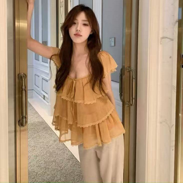 Summer New Sweet Square-Neck Lace-Up Ruffle Sleeve Cake-Style Blouse Loose Versatile Top for Women Korean Style Summer New Sweet Square-Neck Lace-Up Ruffle Sleeve Cake-Style Blouse Loose Versatile Top for Women Korean Style