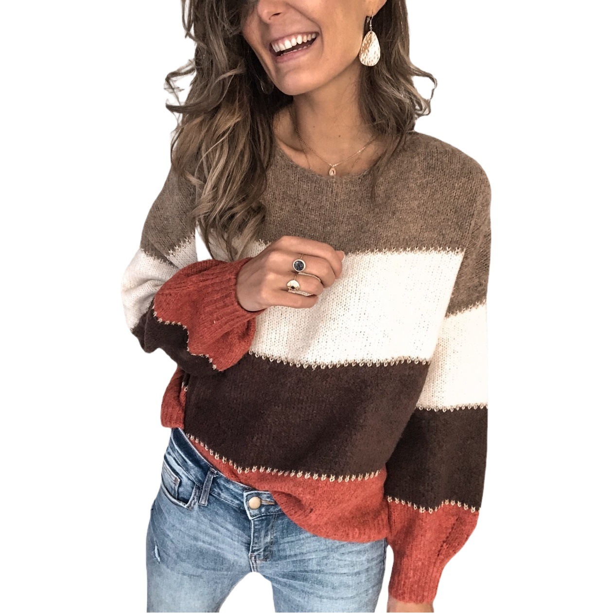 Suéter a rayas de manga larga para mujer, estilo casual europeo y americano, novedad de otoño e invierno 2024, suéter de punto con cuello redondo, top de punto para Amazon y Wish.
