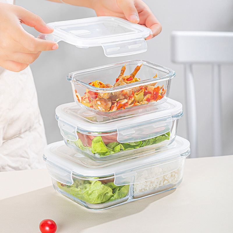 Fiambrera para trabajadores de oficina, tazón de vidrio, horno microondas transparente, caja de conservación rectangular, caja de bento, lonchera de vidrio redonda para el hogar