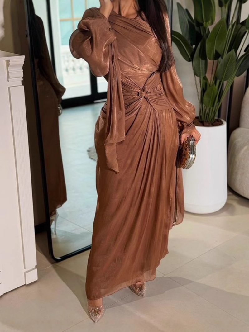 2024 Autumn/Winter Cross-Border European and American Women's Fashion Independent Site Amazon Pleated Ribbon Sparkling Evening Dress