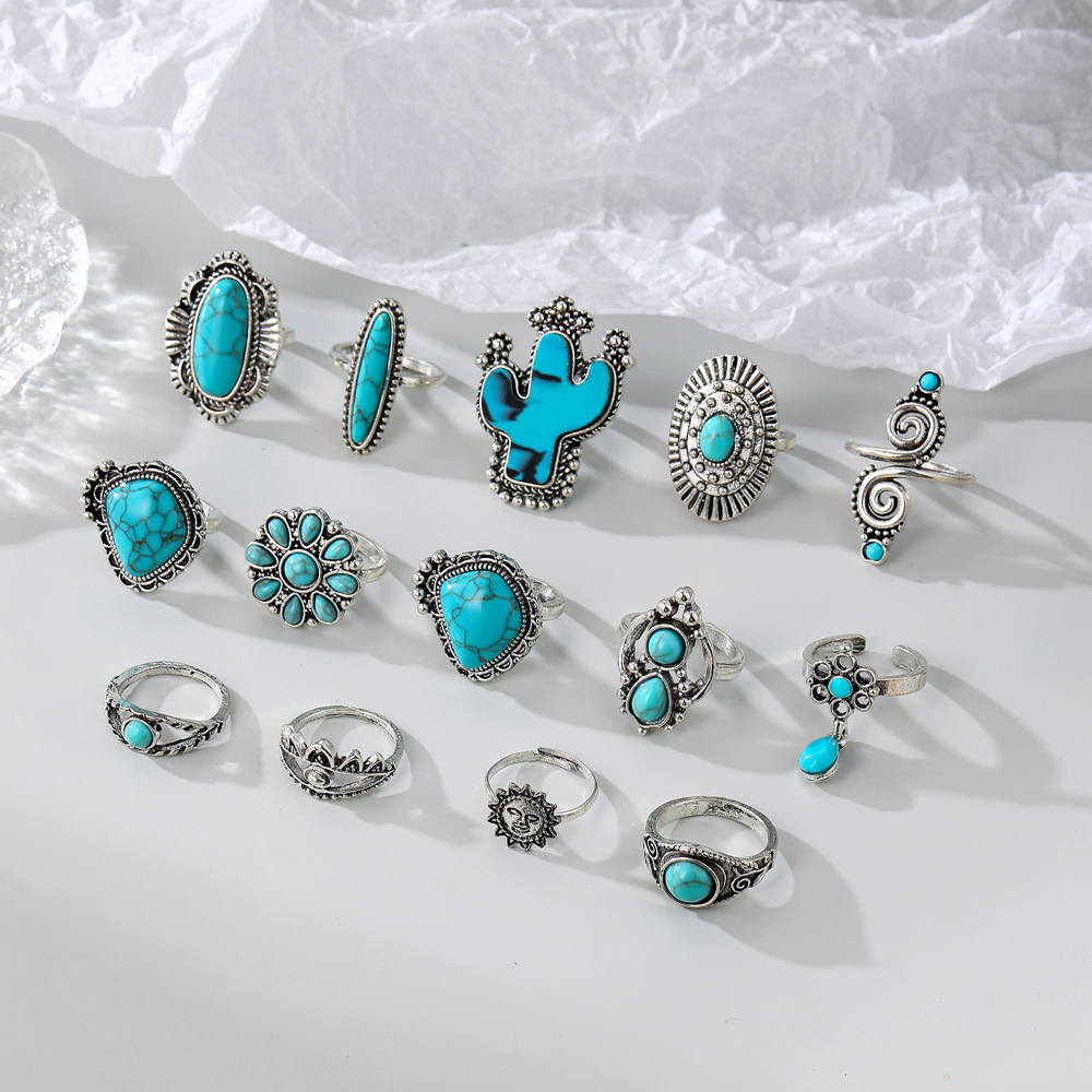 14 Pieces, 1 Set, 4 Pieces, 4 Pieces Set Quantity 14 Pieces 1 Set 4 Pieces Cactus Leaf Rings Alloy December Birthstone Turquoise Turquoise Women's Hip-Hop Retro Rings