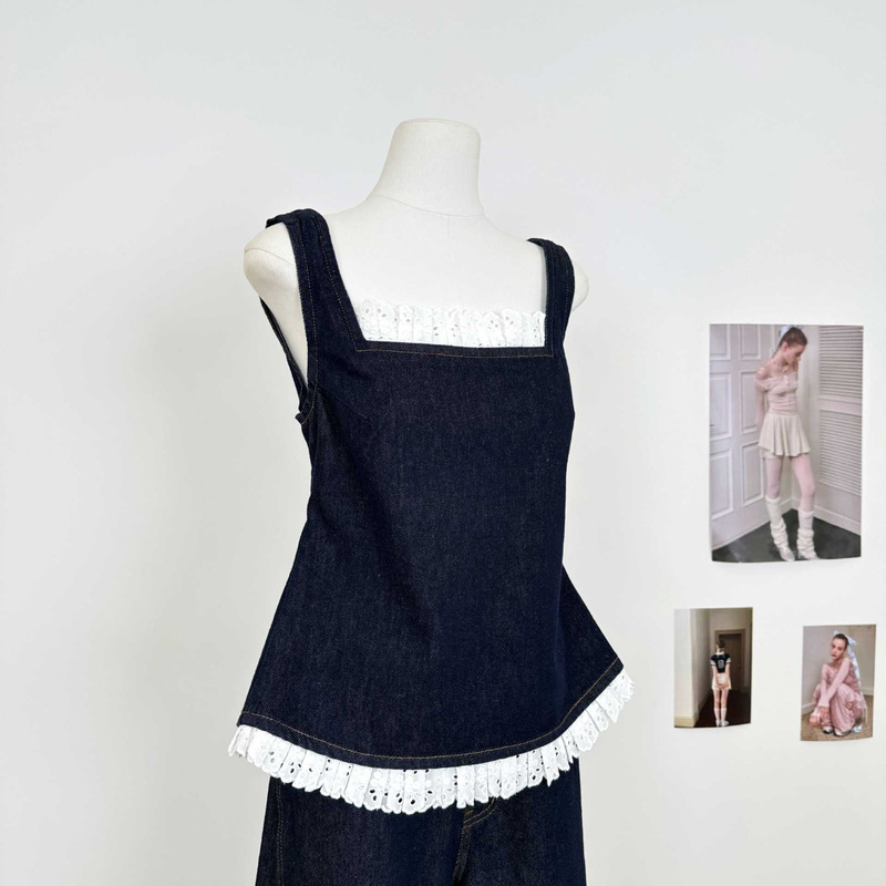 Oakmo Sun-Kissed Bohemian Lace Denim Camisole Wide-Leg Pants Vacation Style Set Oakmo Sun-Kissed Bohemian Lace Denim Camisole Wide-Leg Pants Vacation Style Set