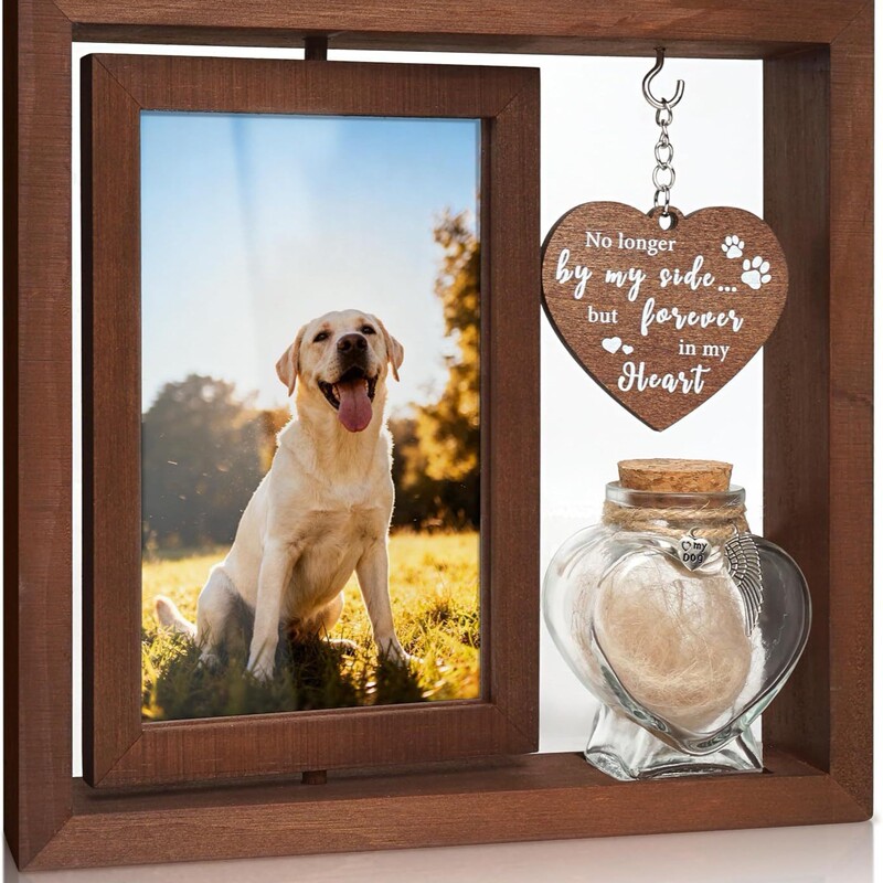 Pet Memorial Photo Frame, Rotatable 4X6 Photo Wooden Frame, Dog and Cat Gift Rotating Photo Frame