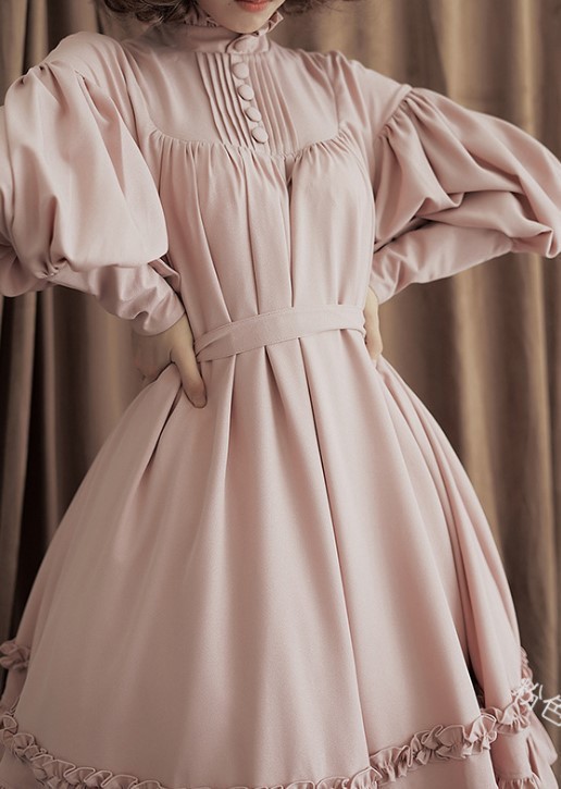 日系メイドcos服新作長袖ゆったりボタン立襟レース灯籠袖飾り純色lワンピース|undefined