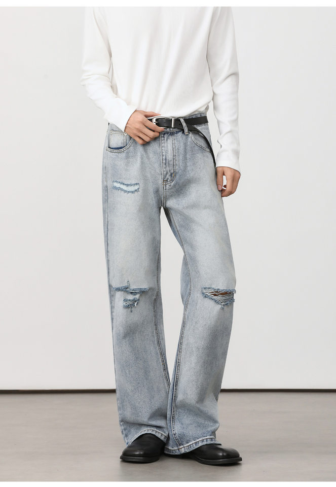 Quần jean nam ống loe nhẹ rách gối phong cách retro, dáng rộng ống suông tôn dáng, quần dài casual — Xanh nhạt, Xanh đậm chi tiết 31