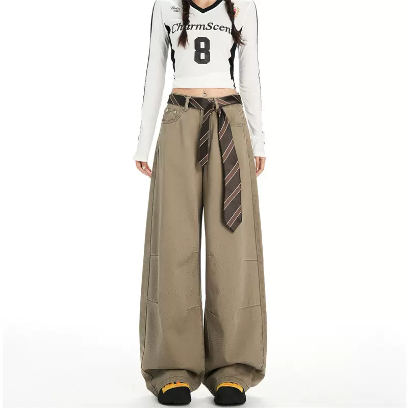 萝卜大叔卡其色工装风水洗牛仔裤女2026高腰宽松垂感慵懒拖地裤子