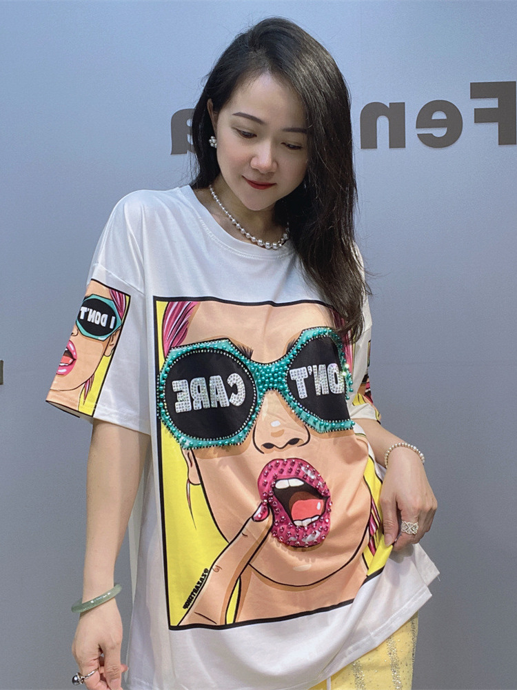 Camiseta de Mujer con Cuentas y Estampado de Algodón y Spandex Corte Holgado para Verano
