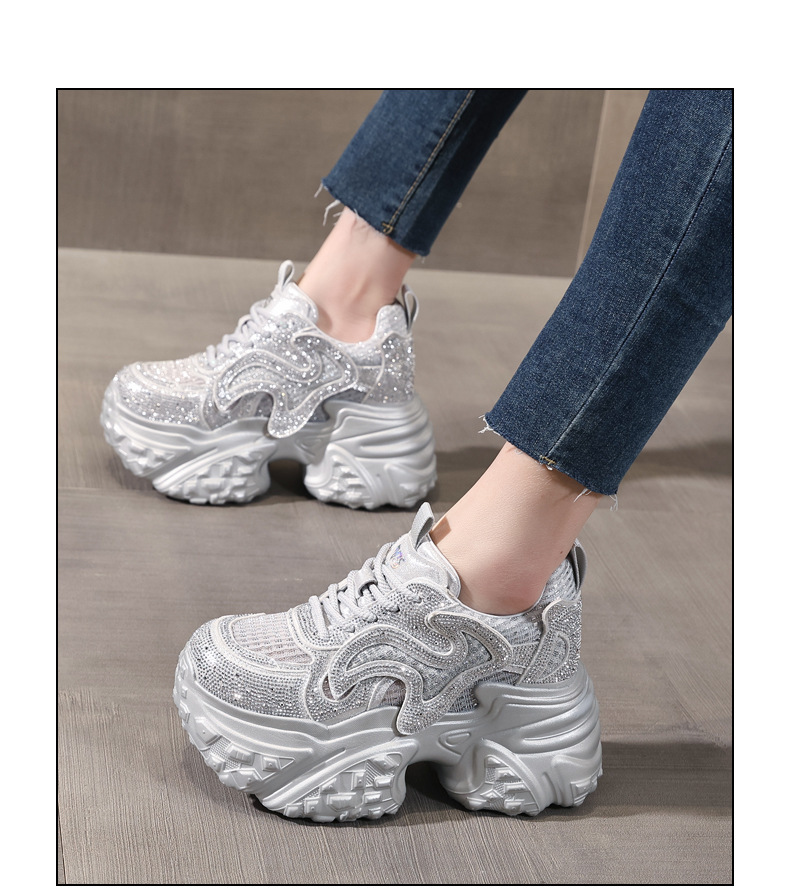 Giày sneaker nữ chunky đế dày lưới thoáng, phối đá rhinestone sáng — màu trắng chi tiết 15