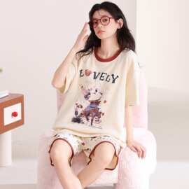 夏季新款纯棉女短袖短裤套头睡衣卡通休闲女家居服