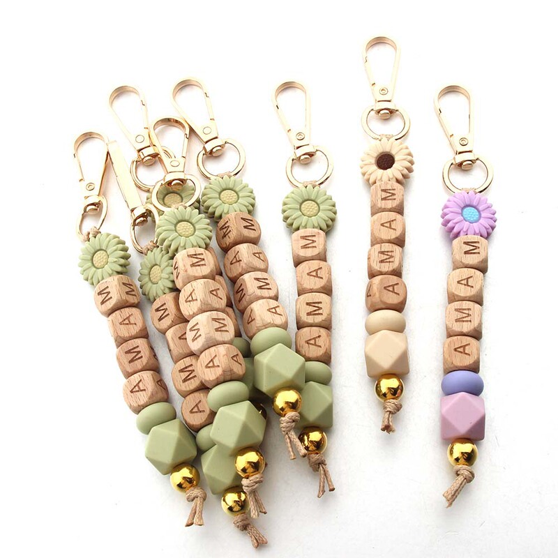 2025 Hot Sale Silicon Silicon Daisy Silicone Beads Keychain Letters MAMA Bag Sunflower Bag Pendant Jewelry
