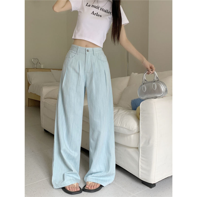 Real Shot Real Price~New Design Stripesd High-Waisted Straight Denim Wide-Leg Floor-Length Pants