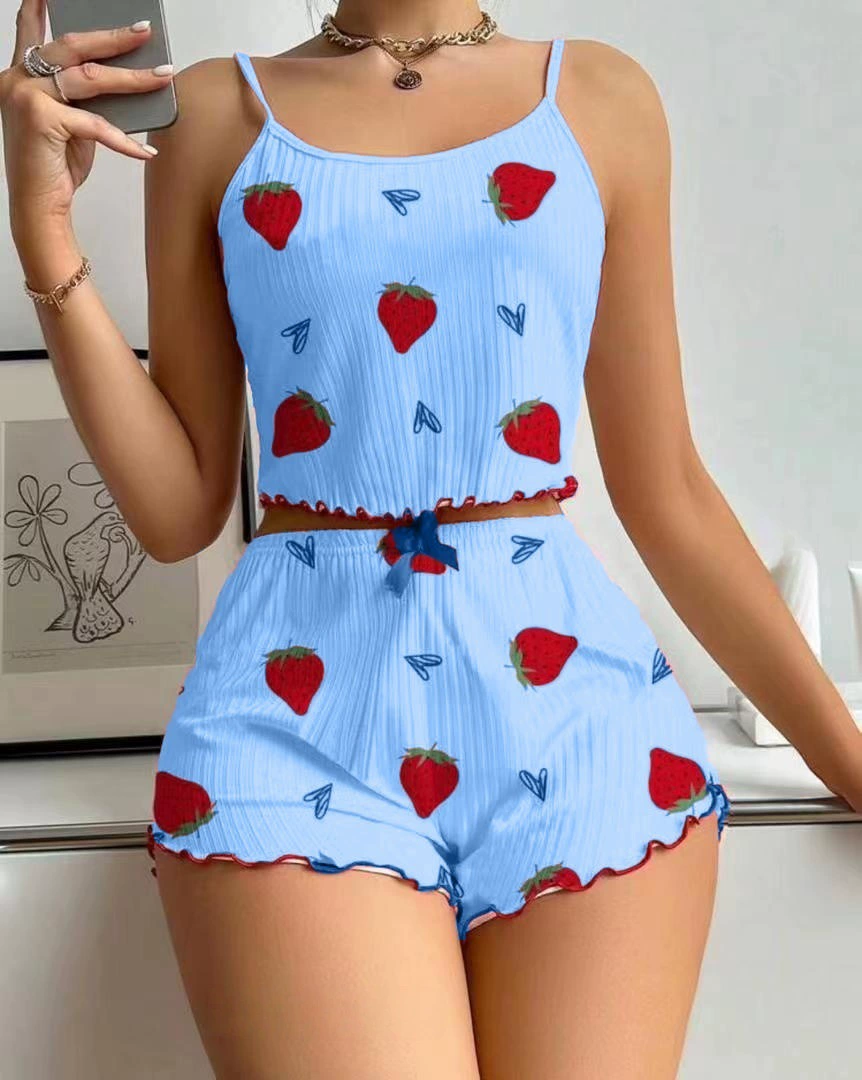knitted summer shorts pajama set (women), ribbed, heart print, lifting effect, S–XL