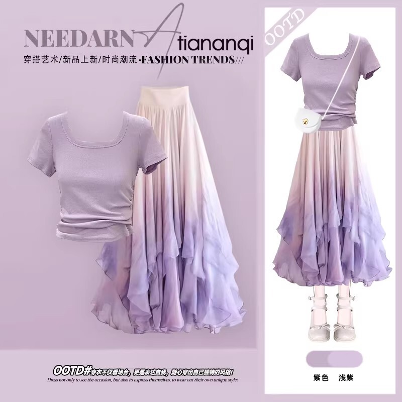 High-End Fashion Outfit for a Youthful Look, Summer Set with a Square-Neck Short-Sleeved Top and a High-Waisted Slimming Skirt, Two-Piece Set High-End Fashion Outfit for a Youthful Look, Summer Set with a Square-Neck Short-Sleeved Top and a High-Waisted Slimming Skirt, Two-Piece Set