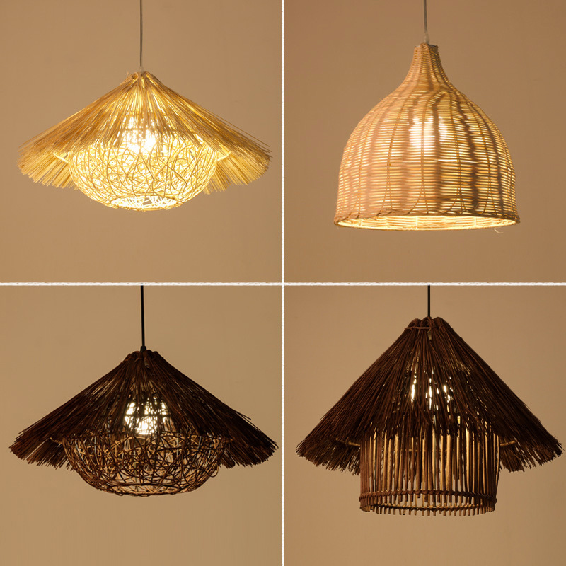 Straw Hat Lamp Creative Rattan Cover Vintage Japanese Restaurant Chinese Hot Pot Restaurant Homestay Asian Rattan Art Bamboo Chandelier