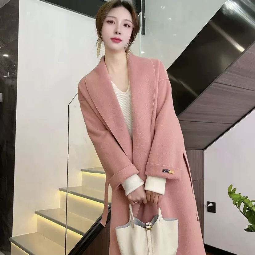 Двустороннее шерстяное пальто женское 2024 осень-зима мода шерстяное пальто свободная двусторонняя халат пальто средней длиной