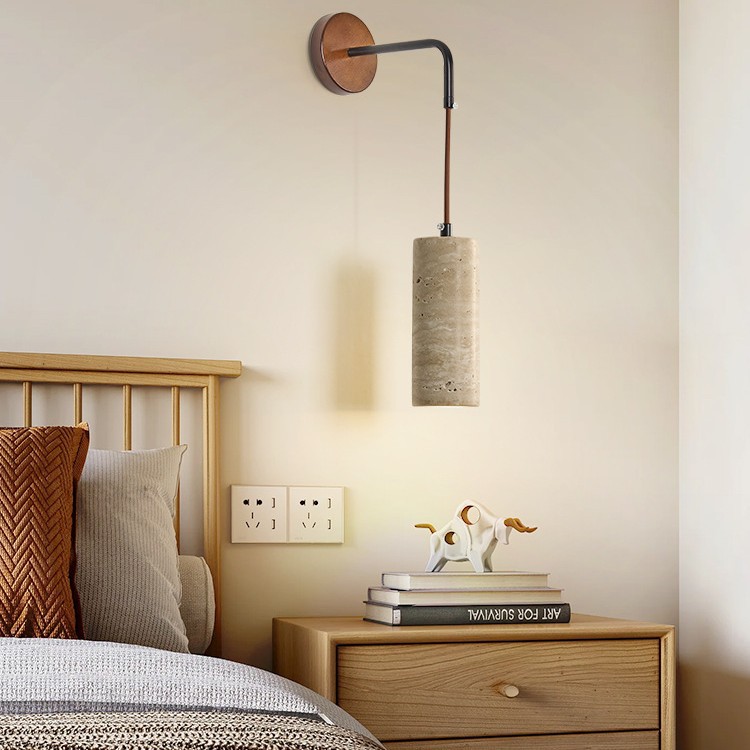 Salón de estar retro dormitorio pared de fondo de piedra línea colgante de nuez línea residencial tranquila nuez fondo de cama pared cabecera