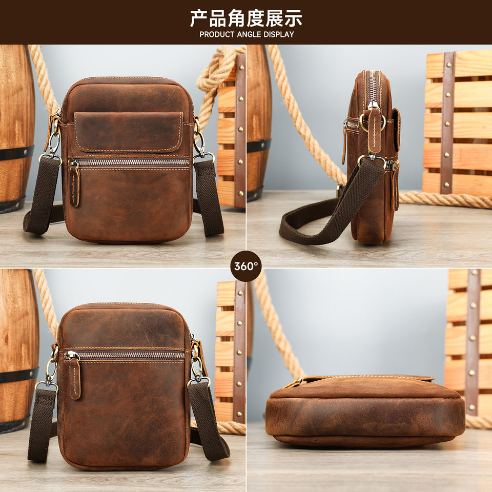 Túi đeo chéo nam da bò thật phong cách retro, túi đựng điện thoại tiện lợi — Mẫu vải thiều đen 7350, 7350 đen trơn, 7350 da dầu màu nâu, 7350 Da Ngựa Điên Nâu