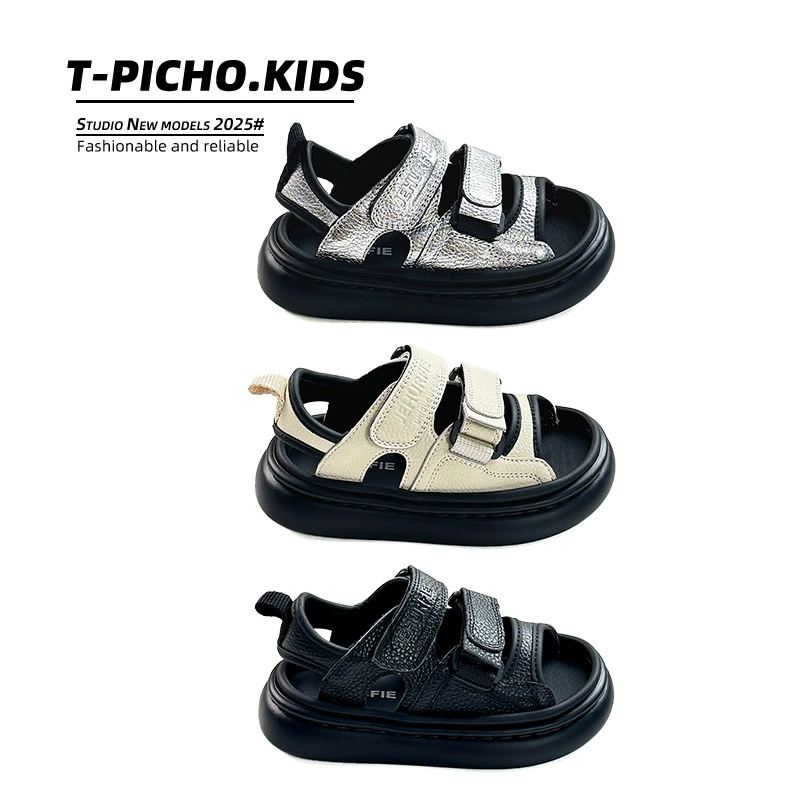 Детские сандалии из натуральной кожи первого слоя, лето 2025, новые универсальные туфли для мальчиков, корейский стиль, пляжная обувь для девочек на толстой подошве