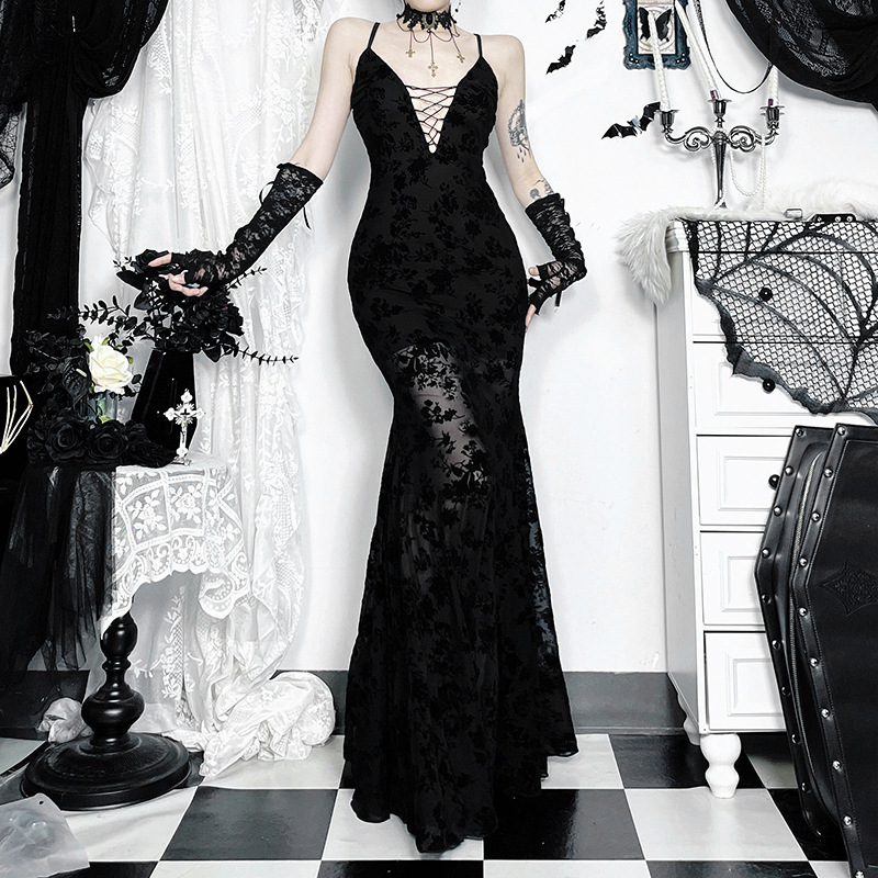 Lm25013 Floor-Length Lace Elegant Suspender Skirt Subculture New Long Skirt Dark Gothic Style Dress