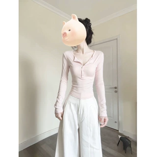 【260克人棉92粘胶8氨纶】设计感v领长袖t恤女春秋修身显瘦打底上