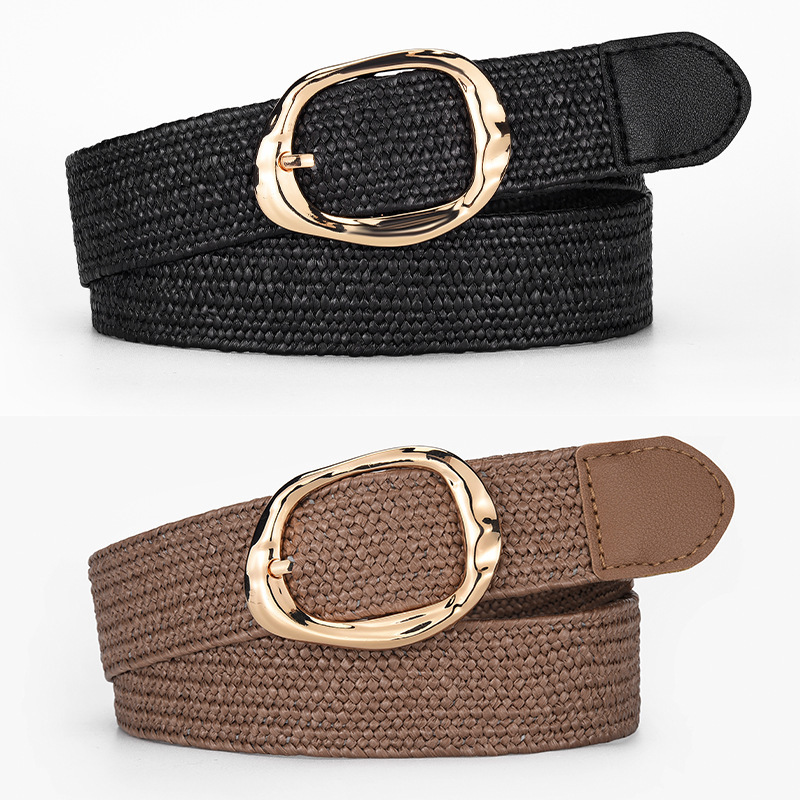 Elastic Woven Pp Straw Elastic Waist Belt Fashion Bohemian Style Round Pin Buckle Women's Waist Cincher Versatile Skirt
