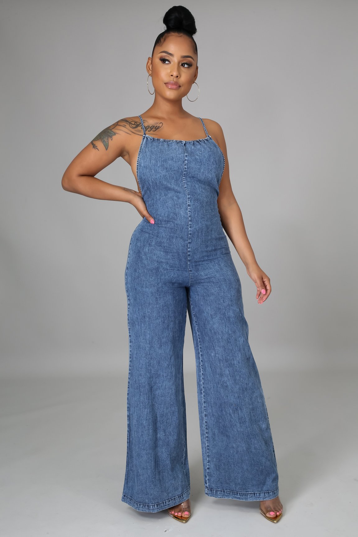 Backless Slip Splicing Denim Jumpsuit NSMRF116555